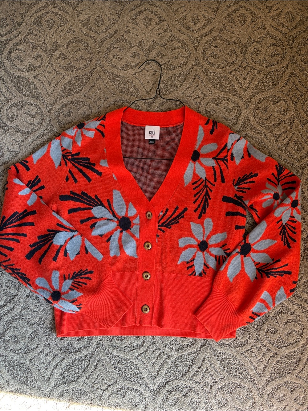 CAbi floral V-neck button cardigan with light blue flowers